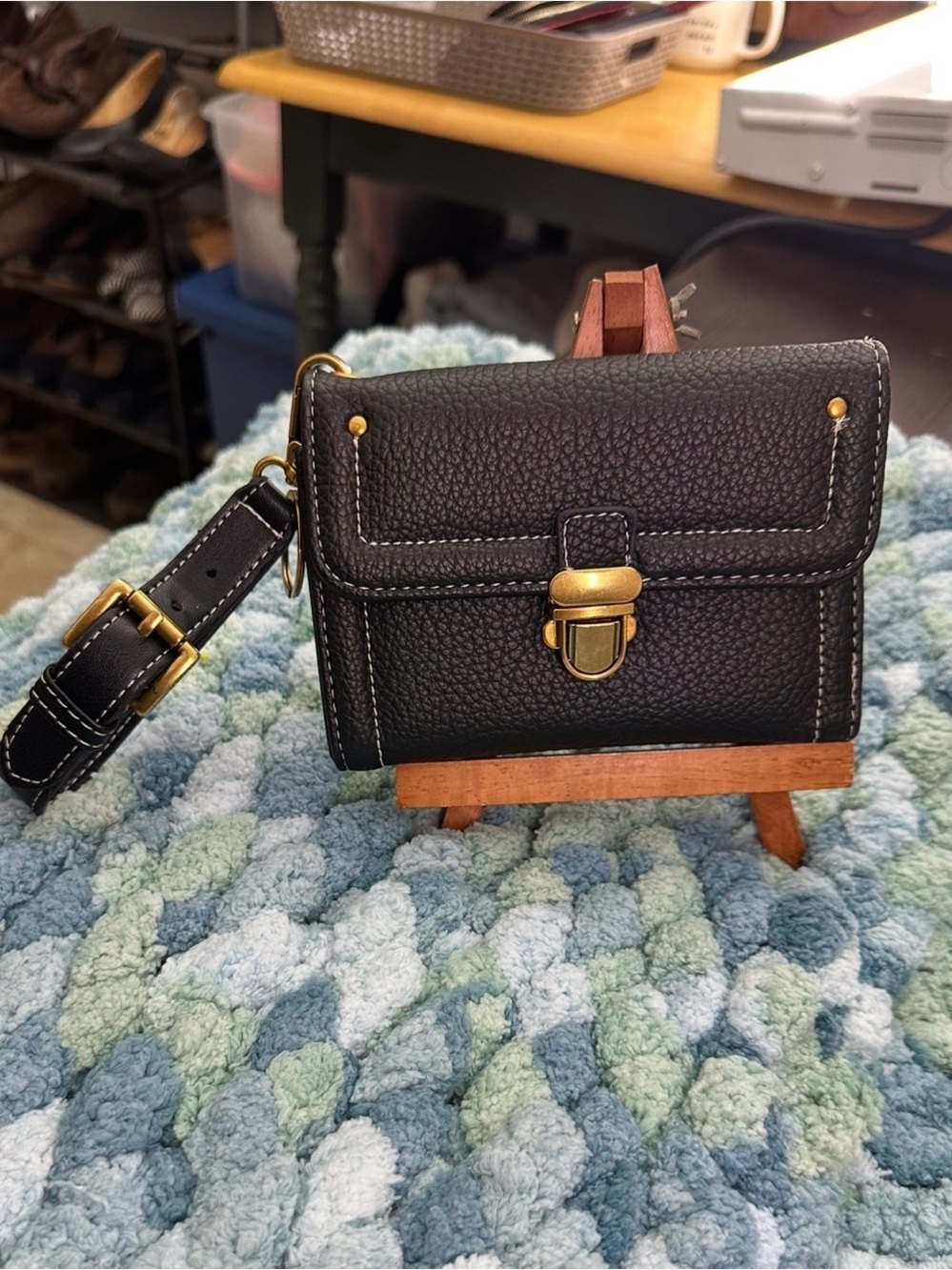 Black Pebbled Leather Crossbody Bag with Gold Hardware